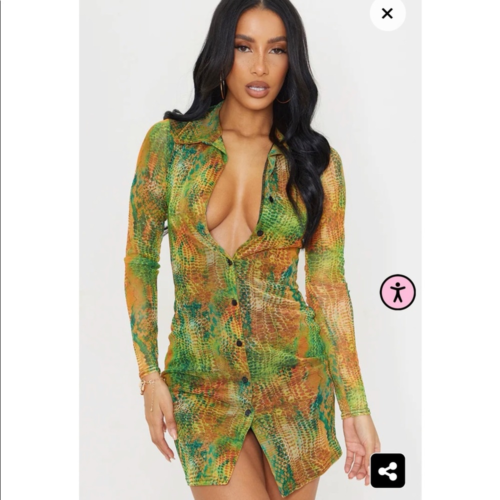 Pretty little thing Multi Snake Print Mesh Button Down Shirt Dress